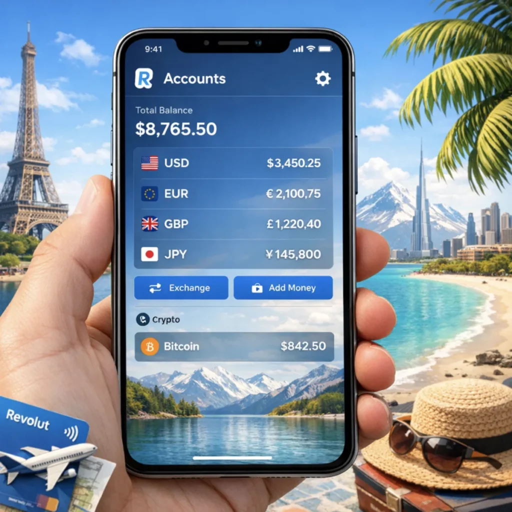 Revolut app dashboard showing multi-currency wallet Revolut Mobile Application